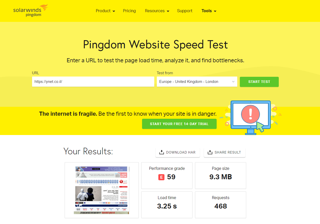 Pingdom בדיקת מהירות אתר 